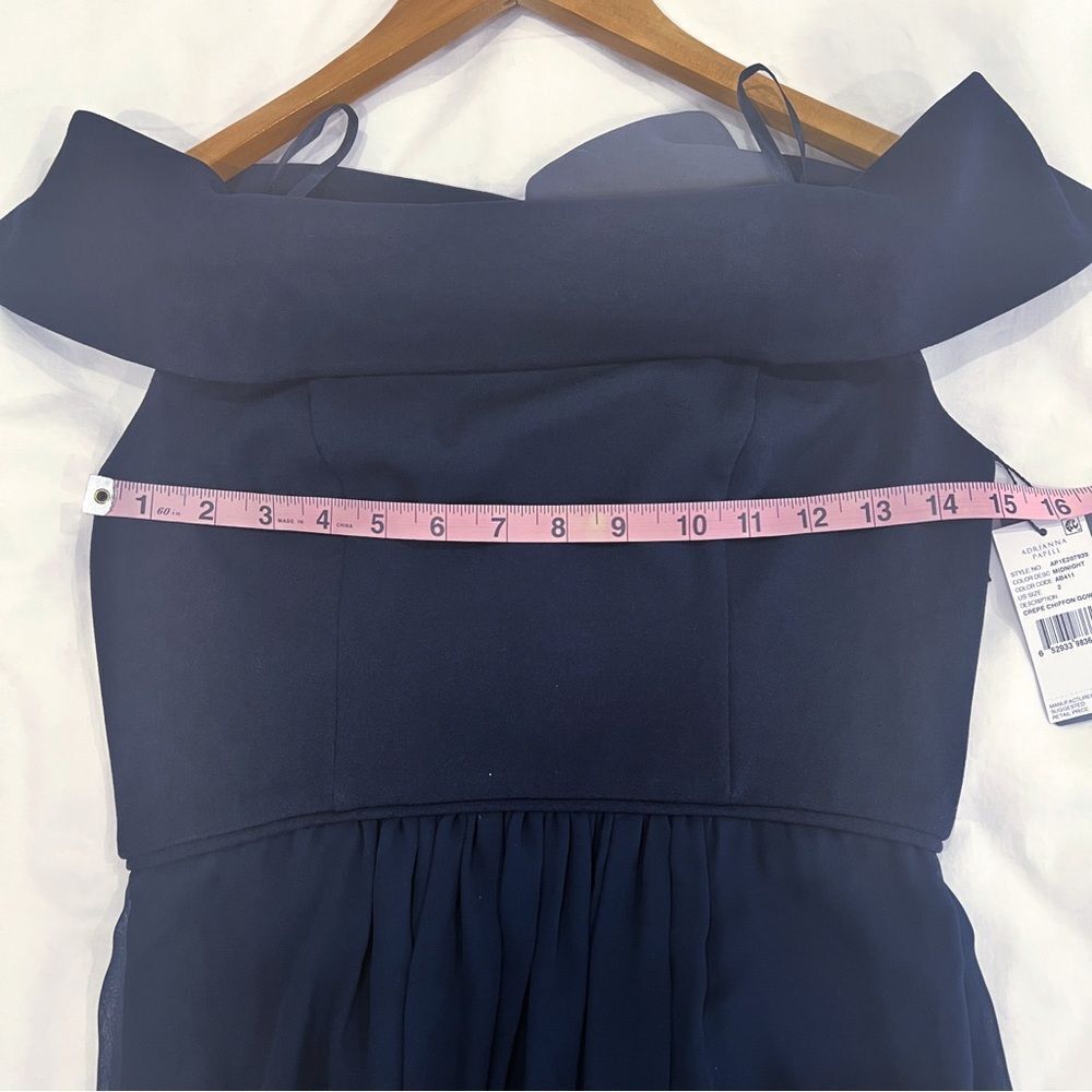 Adrianna Papell Off Shoulder Crepe Chiffon Formal Gown Dark Blue 2 NWT - Picture 10 of 16